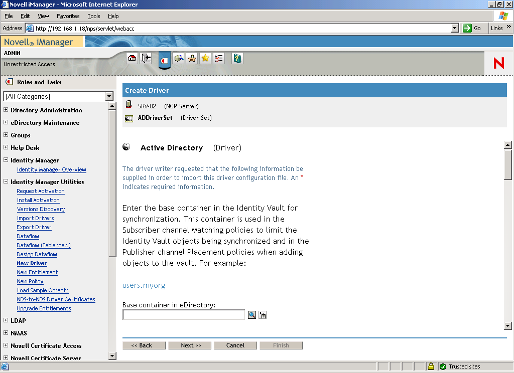 The Create Driver Wizard opened on the main page of Novell iManager. The Active Directory Driver Set page is opened.