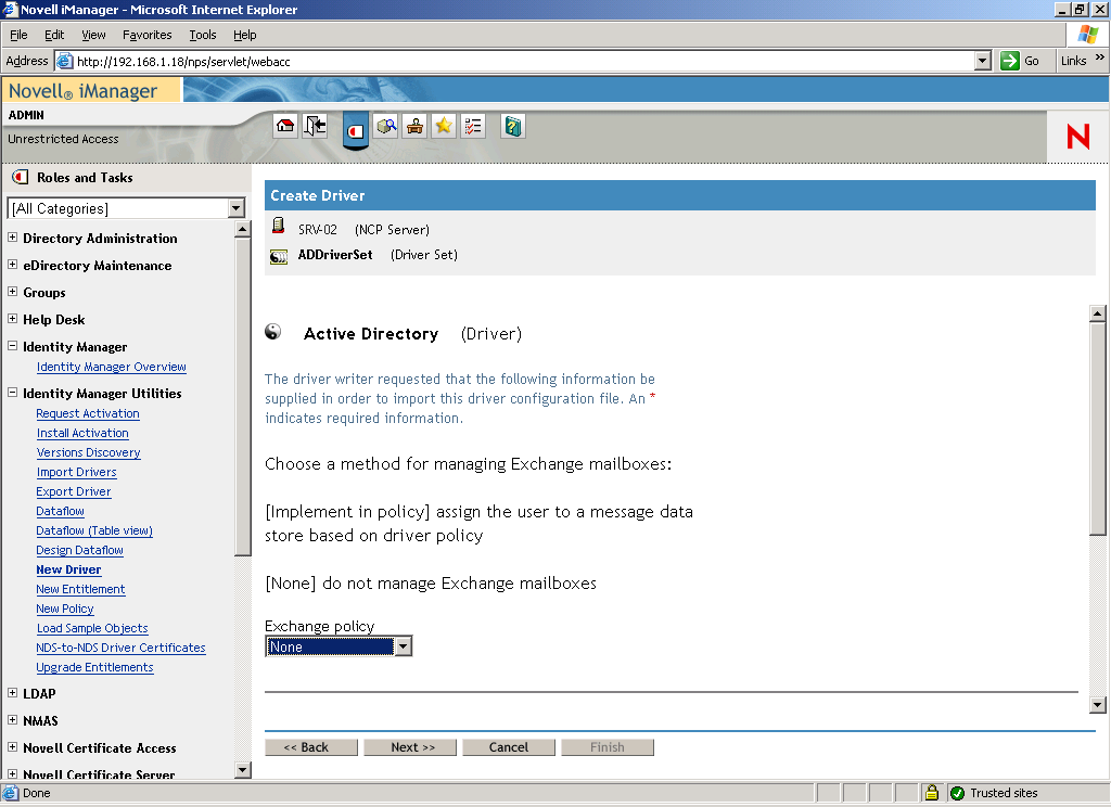 The Create Driver Wizard opened on the main page of Novell iManager. The Active Directory Driver Set page is opened.