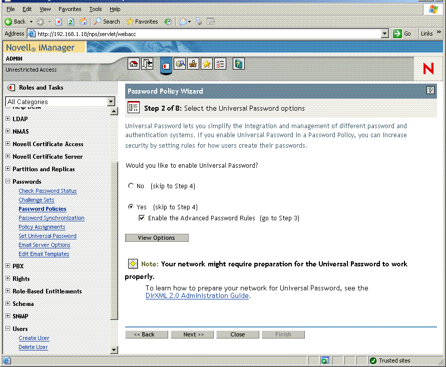 Step 2 page of the Password Policy Wizard in Novell iManager.