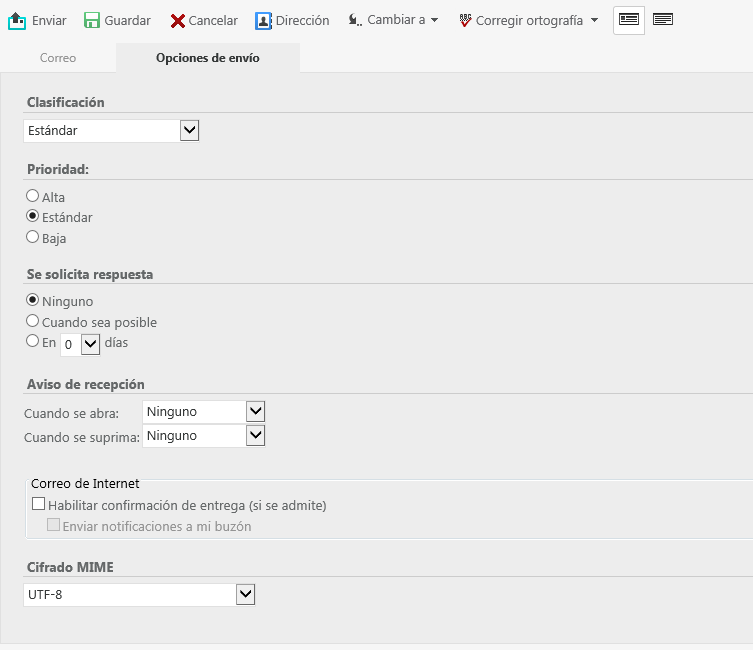 Opciones de envío de la vista Correo