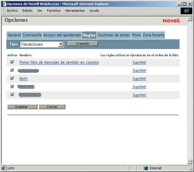 Vista Opciones con reglas seleccionadas