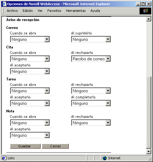 Vista Opciones con las opciones de enviar seleccionadas (abajo)