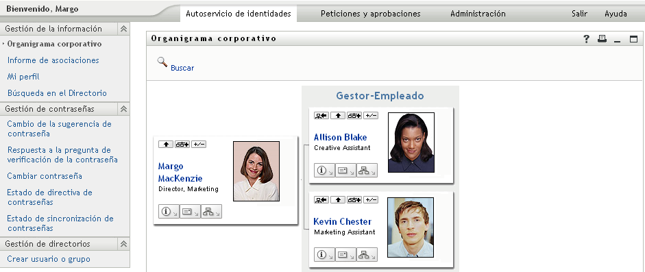 Página Organigrama corporativo de la pestaña Autoservicio de identidades 