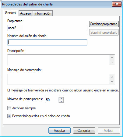 Recuadro de diálogo de creación de un salón de charla
