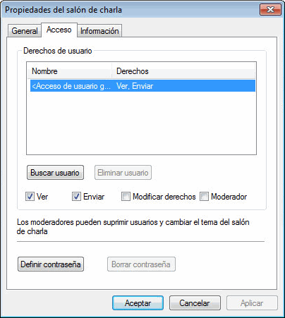 Página de propiedades del salón de charla
