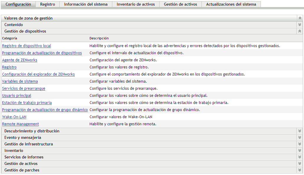 Panel Valores de zona de gestión