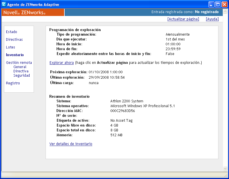 Página Propiedades de ZENworks Adaptive Agent > pestaña Inventario