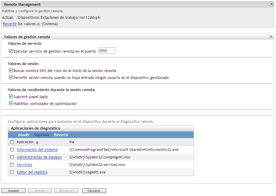 Página de configuración de gestión remota
