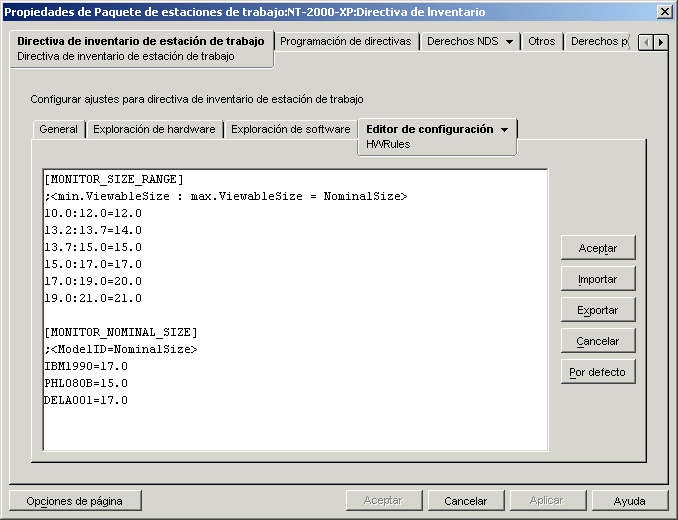 Configuración del archivo HWRules.ini en el recuadro de diálogo Inventario de la estación de trabajo