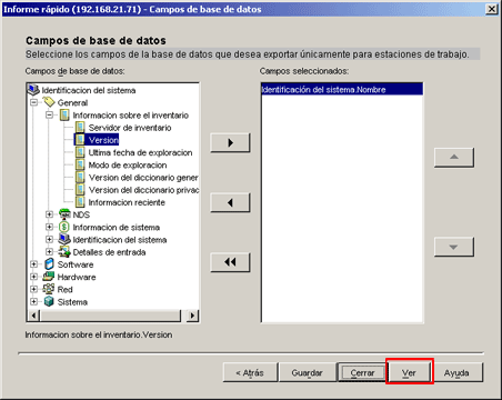 Hacer clic en el botón Ver en la página Campos de base de datos