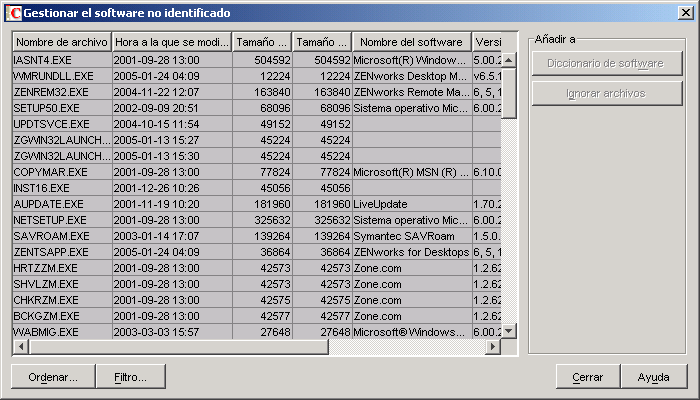 Tabla Gestionar el software no identificado