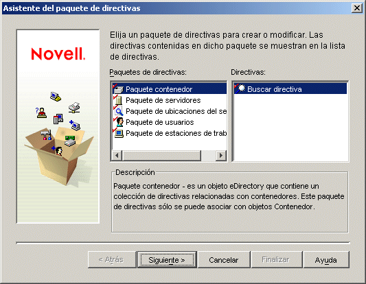 El Asistente de paquete de directivas con los paquetes de directivas disponibles