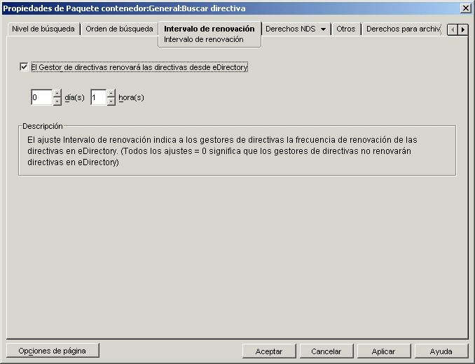 La página Intervalo de actualización de la directiva de búsqueda.