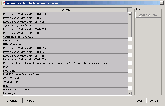 Recuadro de diálogo Software explorado de la base de datos