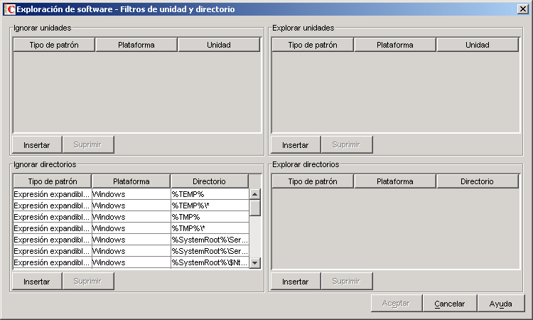 Recuadro de diálogo Exploración de software - Filtros de unidad y directorio