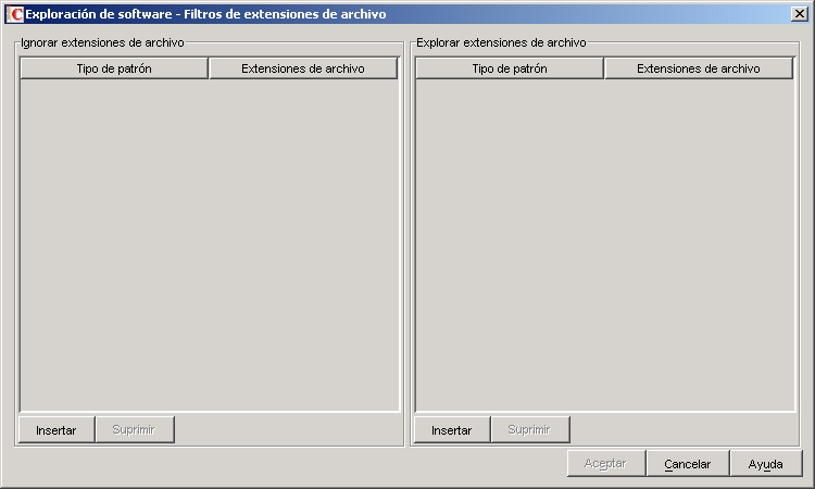 Recuadro de diálogo Exploración de software - Filtros de extensiones de archivo