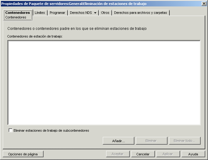 La página Contenedores de la directiva de eliminación de estaciones de trabajo.