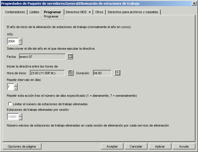 La página Programar de la directiva de eliminación de estaciones de trabajo.
