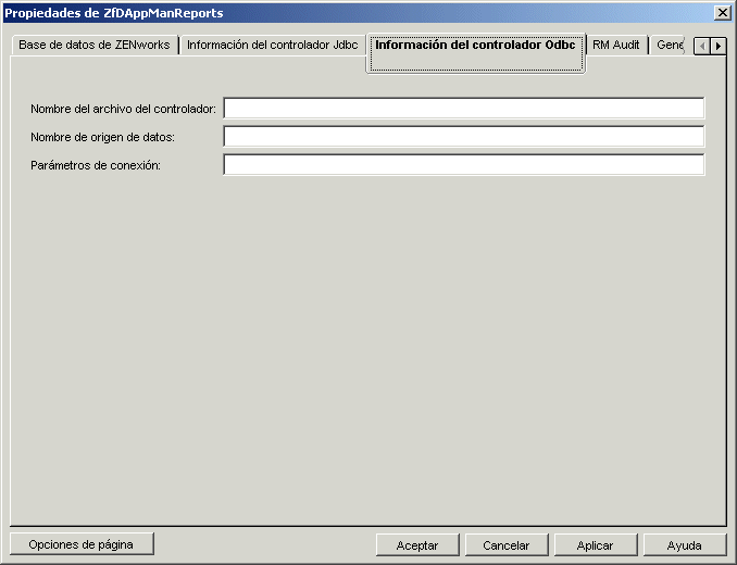 Página Información del controlador ODBC