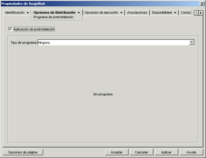 Página Programa de preinstalación del objeto Aplicación con tipo de programa Ninguno