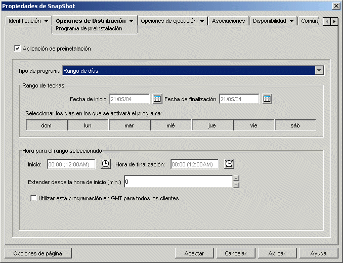 Página Preinstalación del objeto Aplicación con Rango de días como tipo de programación
