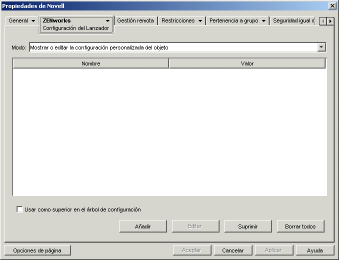 Página Configuración del Lanzador de un objeto Contenedor