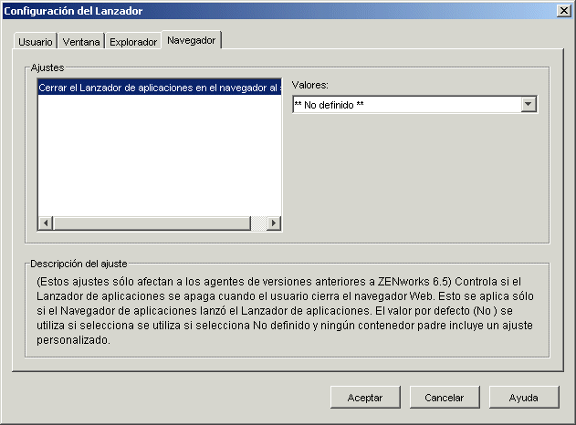 Recuadro de diálogo Configuración del Lanzador con la pestaña Navegador abierta