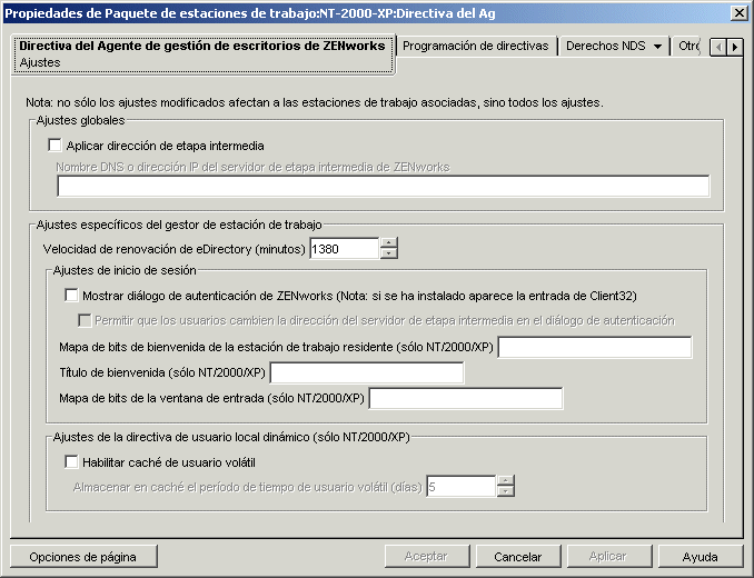 La página Ajustes de la directiva del Agente de gestión de escritorios.