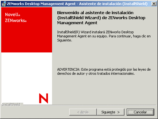 Página de introducción del asistente de instalación del Agente de gestión de escritorios de ZENworks.