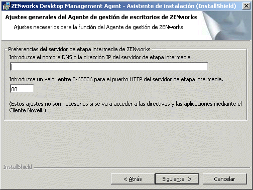 Página Ajustes generales del asistente de instalación del Agente de gestión de ZENworks.