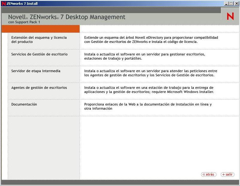 Menú de instalación de Gestión de escritorios de ZENworks 6.5