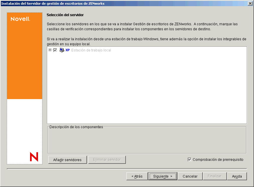 Página Selección del servidor del asistente de instalación del Servidor de gestión de escritorios de ZENworks.