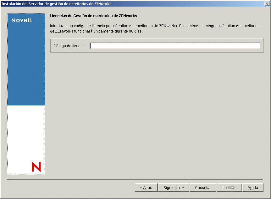 Página Licencias de Gestión de escritorios de ZENworks del asistente de instalación del Servidor de gestión de escritorios.