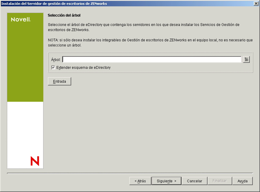 Página Selección del árbol del asistente de instalación del Servidor de gestión de escritorios de ZENworks.