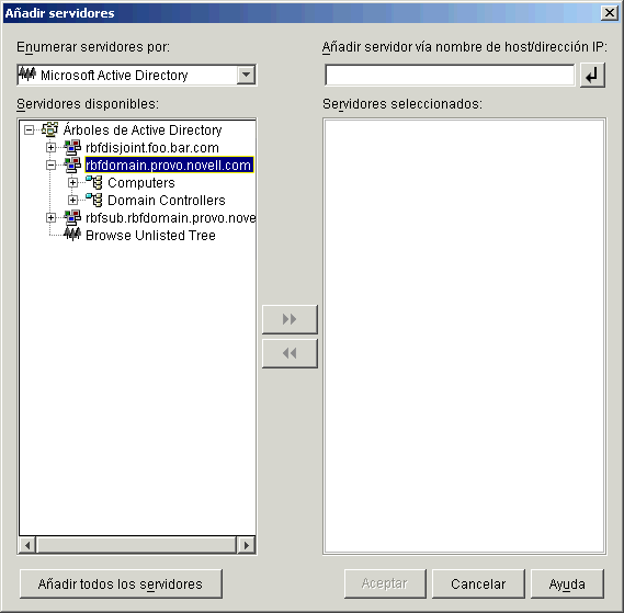 Recuadro de diálogo Añadir servidores llamado desde la página Selección del servidor del asistente de instalación del servidor de etapa intermedia de ZENworks. El recuadro de diálogo muestra la opción Active Directory en la lista desplegable Enumerar servidores por.