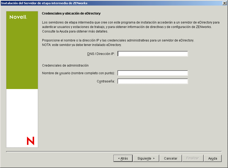 Página de Credenciales y ubicación primaria de eDirectory del asistente de instalación del servidor de etapa intermedia de ZENworks.