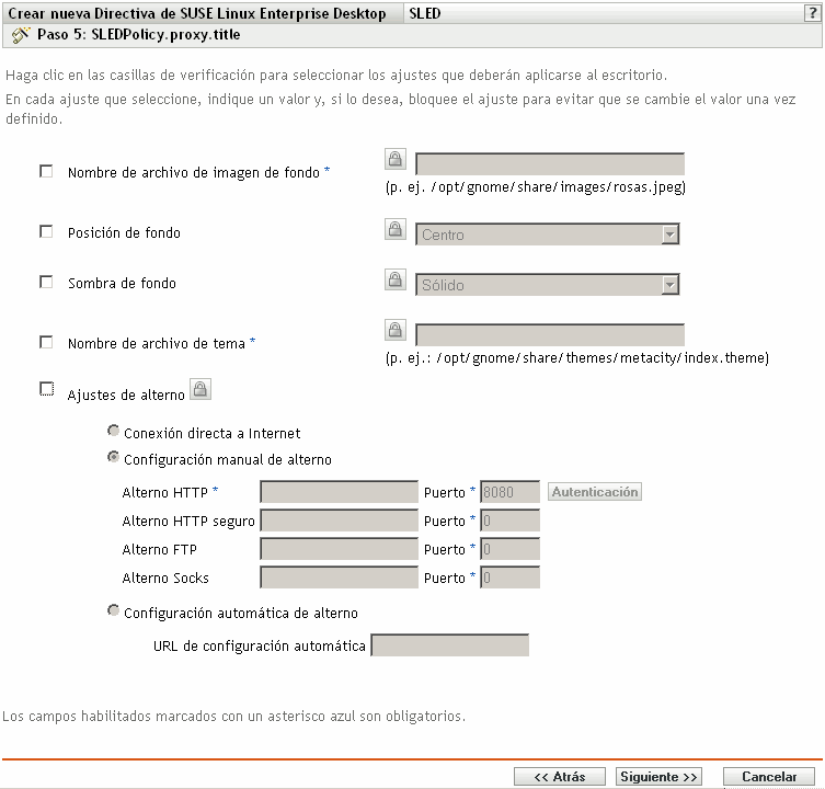 Página Valores de configuración de servidor proxy de SUSE Linux Enterprise Desktop