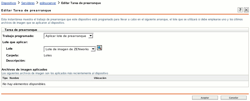 Página Editar trabajo de prearranque con la opción Aplicar lote de prearranque seleccionada en el campo Trabajo programado (también aparecen los campos Lote que aplicar y Archivos de imagen aplicados)
