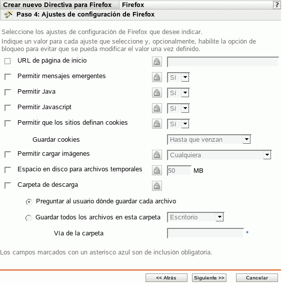 Página Ajustes de configuración de Firefox