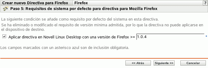 Página Requisitos de sistema por defecto para directiva para Mozilla Firefox