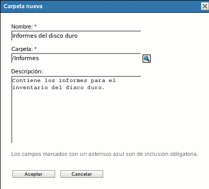 Recuadro de diálogo de creación de carpeta de informes