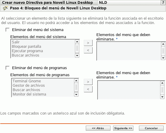 Página Bloqueo del menú de Novell Linux Desktop