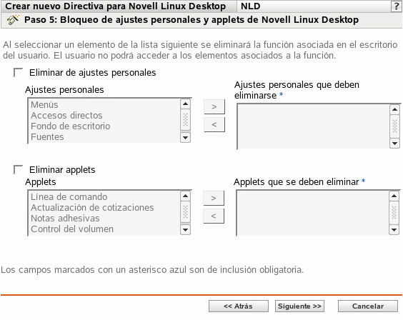 Página Bloqueo de ajustes personales y applets de Novell Linux Desktop