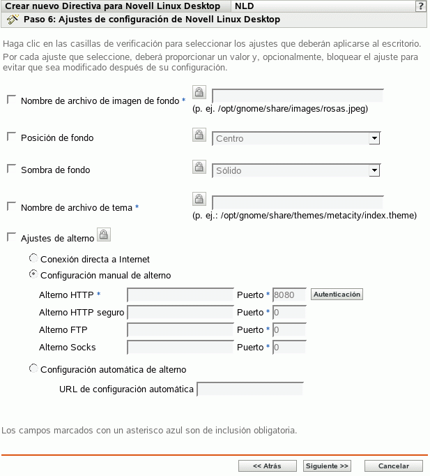 Página Ajustes de configuración de Novell Linux Desktop
