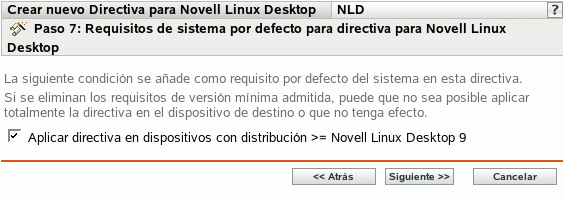 Página Requisitos de sistema por defecto para directiva para Novell Linux Desktop