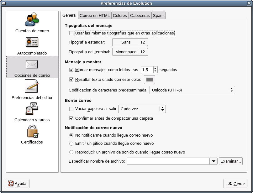 Modificacin de los valores de configuracin del correo