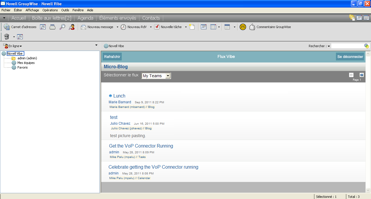Affichage d'un flux Vibe dans GroupWise