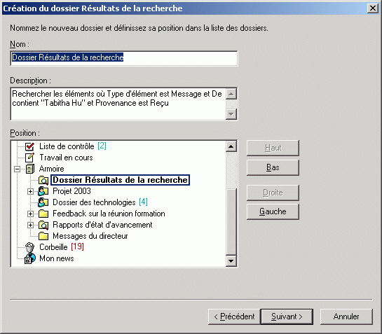 Bote de dialogue Cration du dossier Rsultats de la recherche