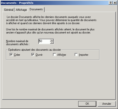 Bote de dialogue Proprits du document ouverte sur l'onglet Documents