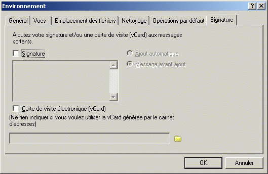 Bote de dialogue Environnement ouverte sur l'onglet Signature